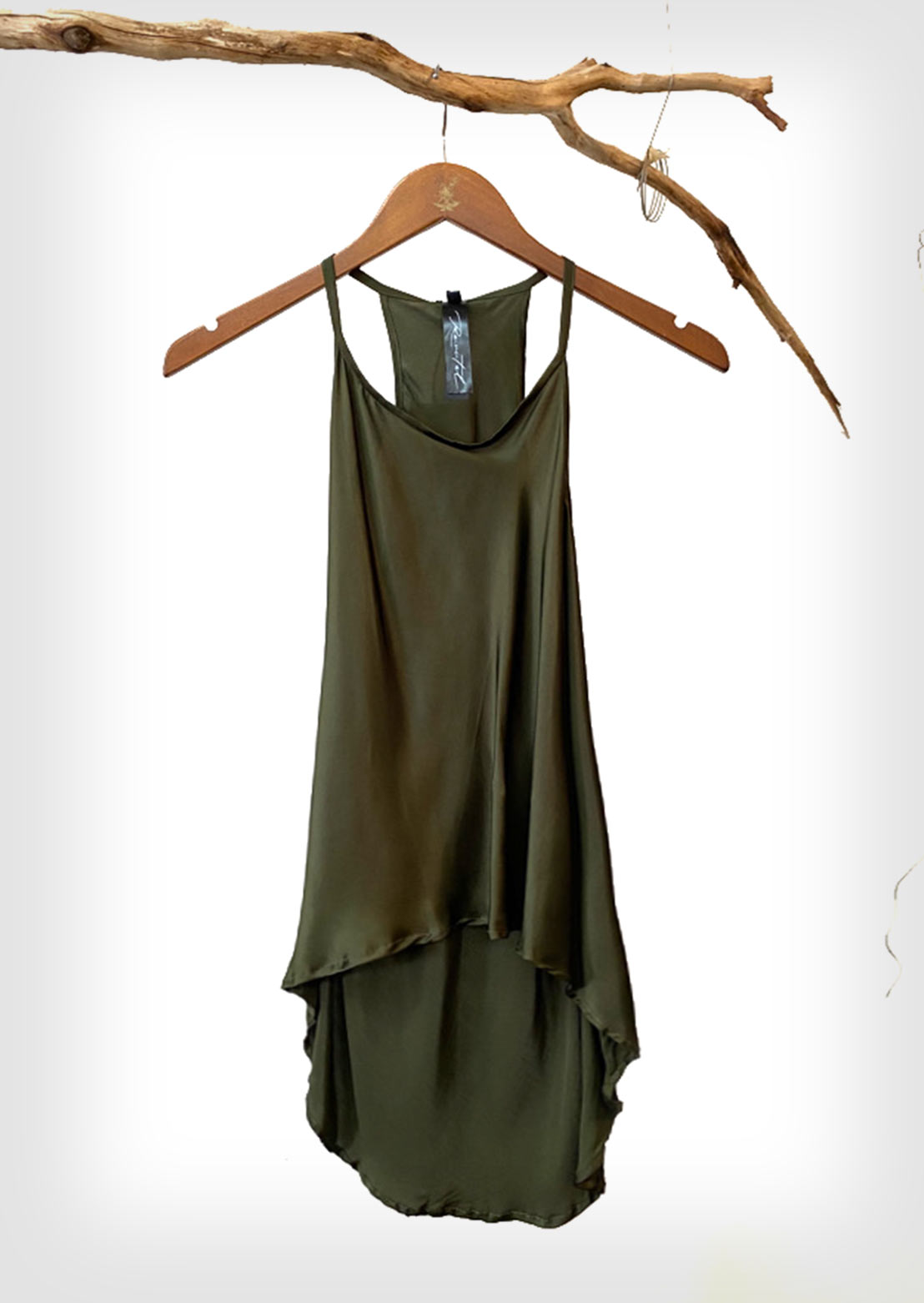 Olive green satin top hanging on a wooden hanger against a white background.