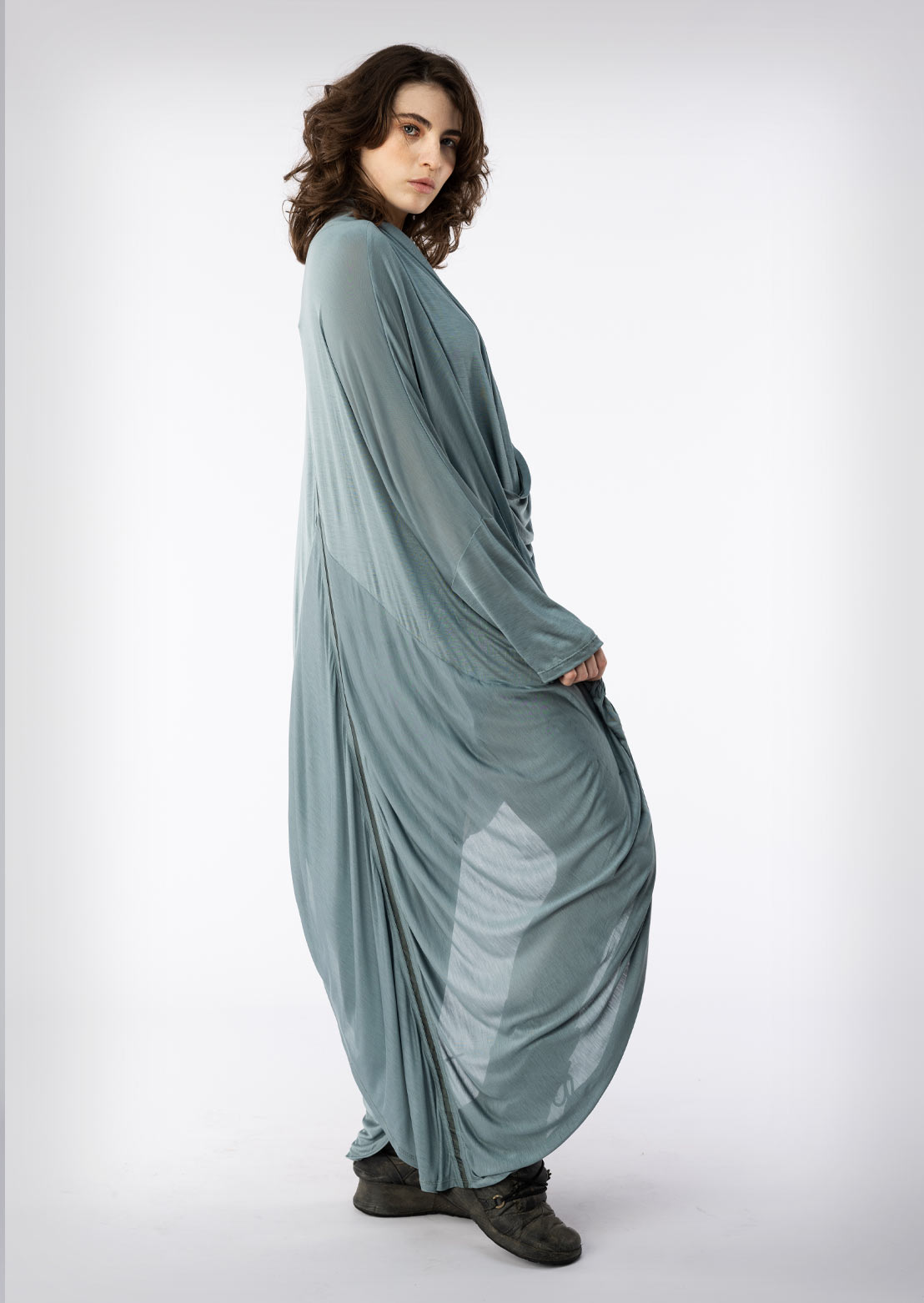 Liquid Shroud Slate Blue – Sustainable women's top in bamboo satin and organic cotton with relaxed fit and fluid silhouette by Revtal Atelier
