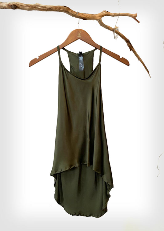 Olive green satin top hanging on a wooden hanger against a white background.