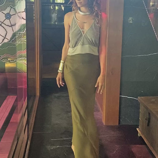 Luminous Skirt Olive – Sustainable bamboo satin minimalist luxury women's skirt by Revtal Atelier
