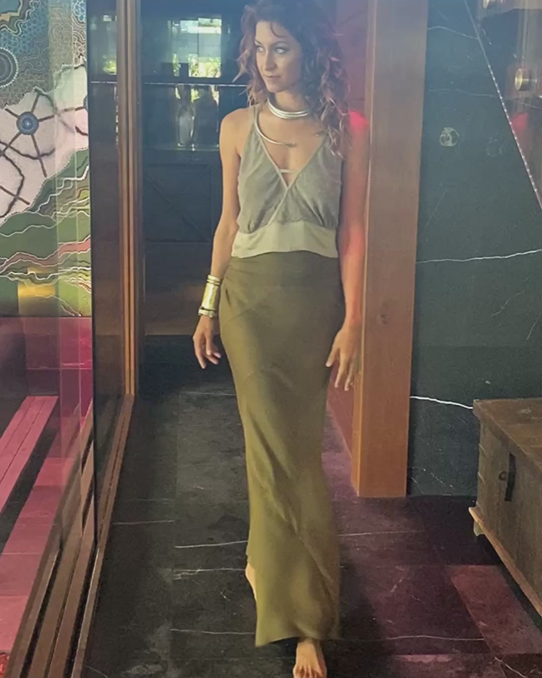Luminous Skirt Olive – Sustainable bamboo satin minimalist luxury women's skirt by Revtal Atelier
