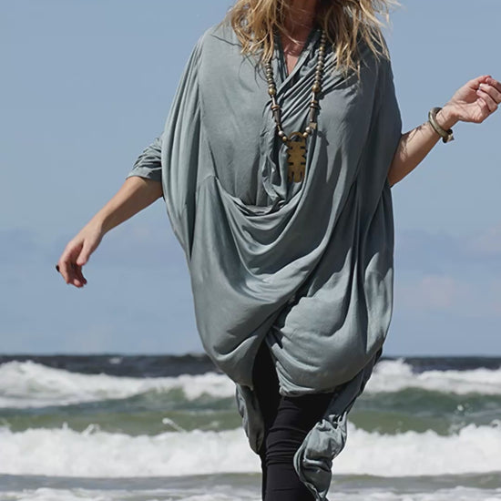Liquid Shroud Slate Blue – Sustainable women's top in bamboo satin and organic cotton with relaxed fit and fluid silhouette by Revtal Atelier
