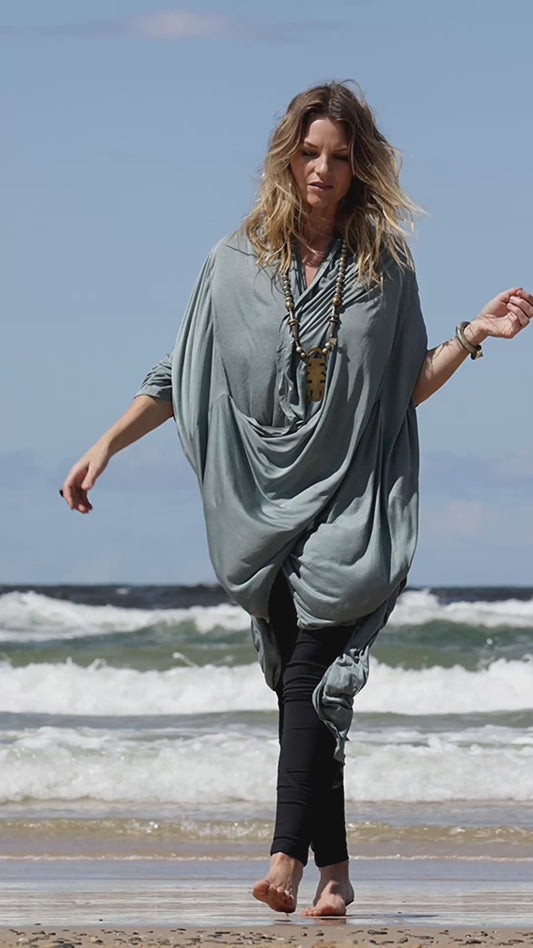 Liquid Shroud Slate Blue – Sustainable women's top in bamboo satin and organic cotton with relaxed fit and fluid silhouette by Revtal Atelier
